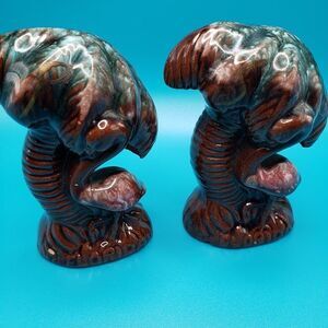 MCM Japan Brown Drip Glaze Ceramic Flamingo Palm Tree Salt and Pepper Shakers